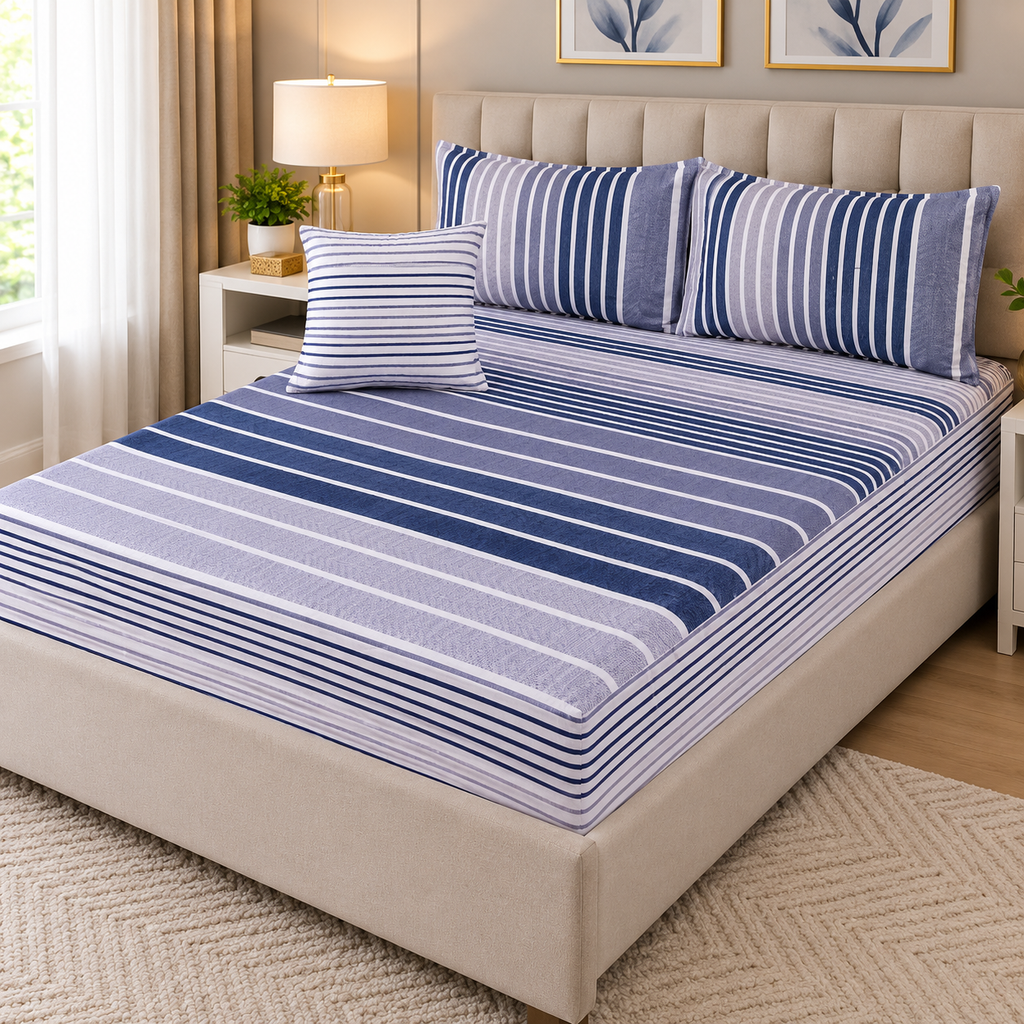 Ocean Breeze Stripe Quilted Waterproof Fitted Sheet Set – 2-in-1 Mattress Protector - 4-Piece