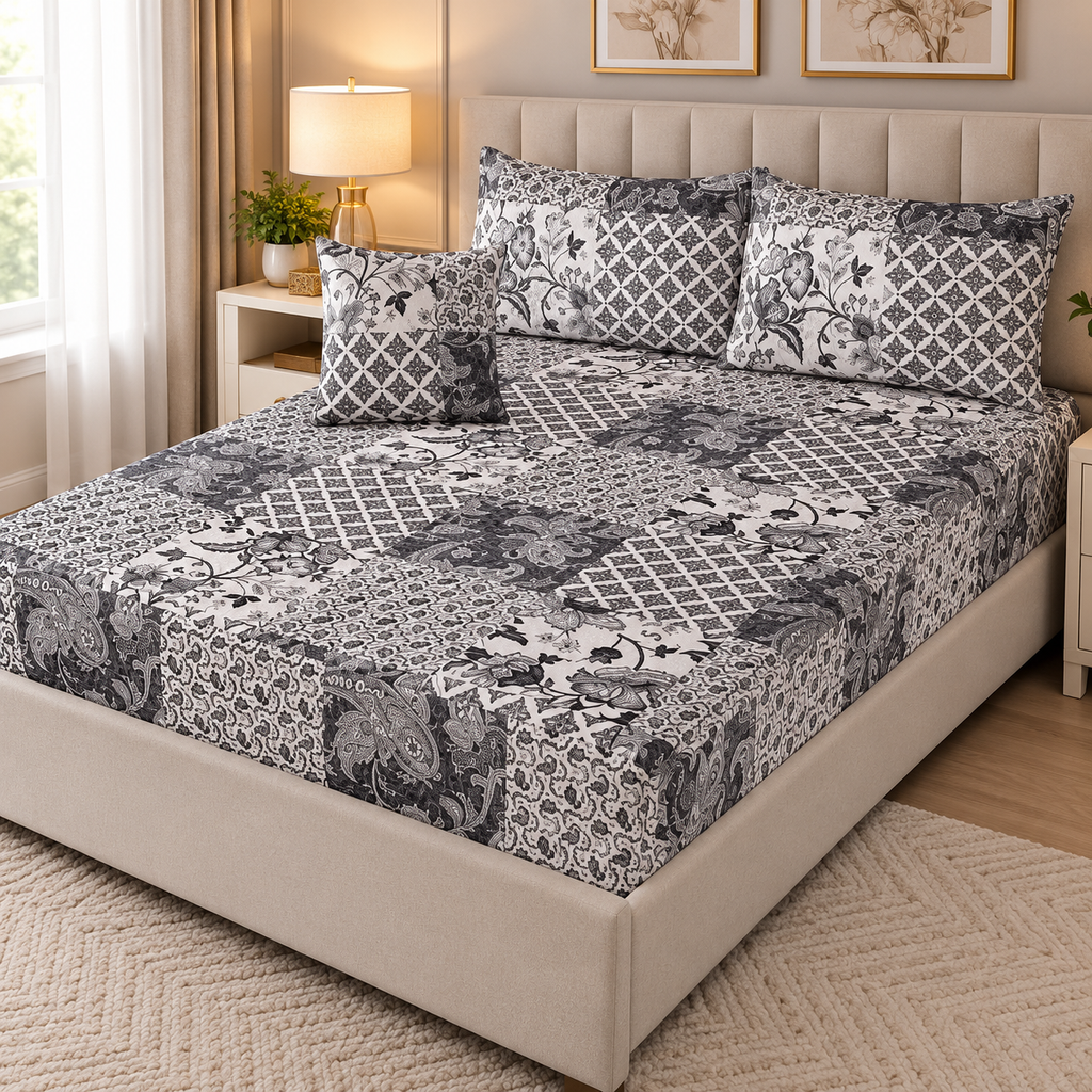 Monochrome Royale Quilted Waterproof Fitted Sheet Set – 2-in-1 Mattress Protector - 4-Piece