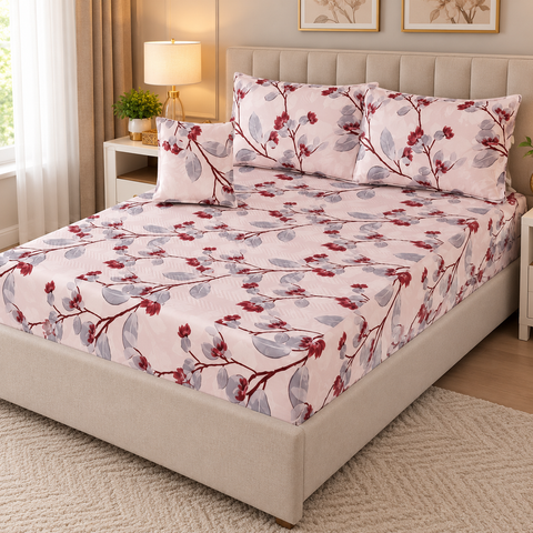 Cherry Blossom Quilted Waterproof Fitted Sheet Set – 2-in-1 Mattress Protector - 4-Piece