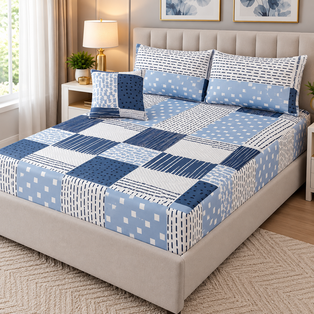 Blue Mosaic Quilted Waterproof Fitted Sheet Set – 2-in-1 Mattress Protector - 4-Piece