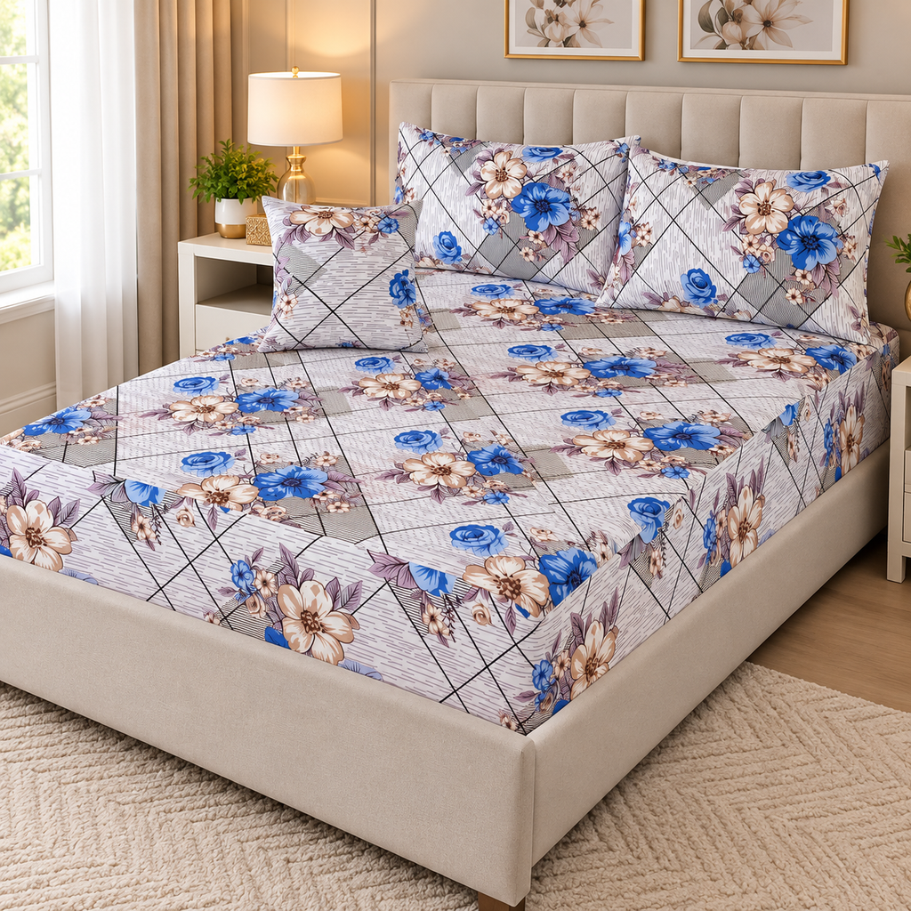 Sapphire Bloom Quilted Waterproof Fitted Sheet Set – 2-in-1 Mattress Protector - 4-Piece