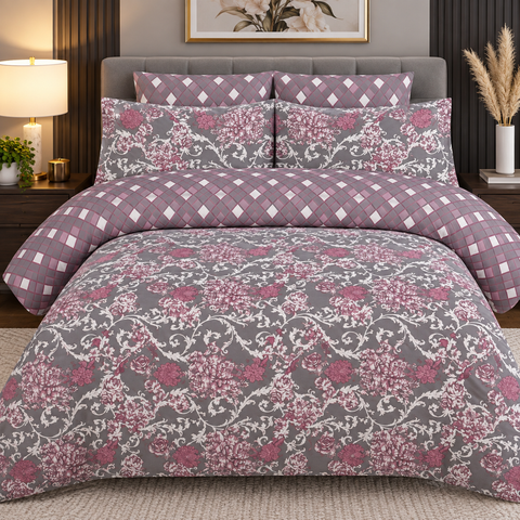 Grey & Blush Floral Printed Bedsheet Set – 3-Piece King Size Bedding Set