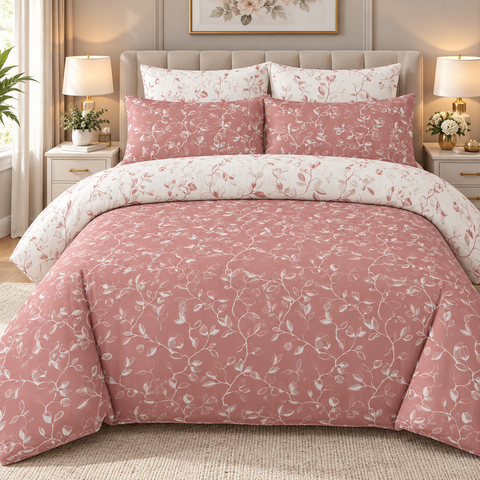 Dusty Rose Vine Floral Printed Bedsheet Set – 3-Piece King Size