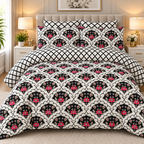 Black & Pink Floral Geometric Bedsheet Set – 3-Piece King Size