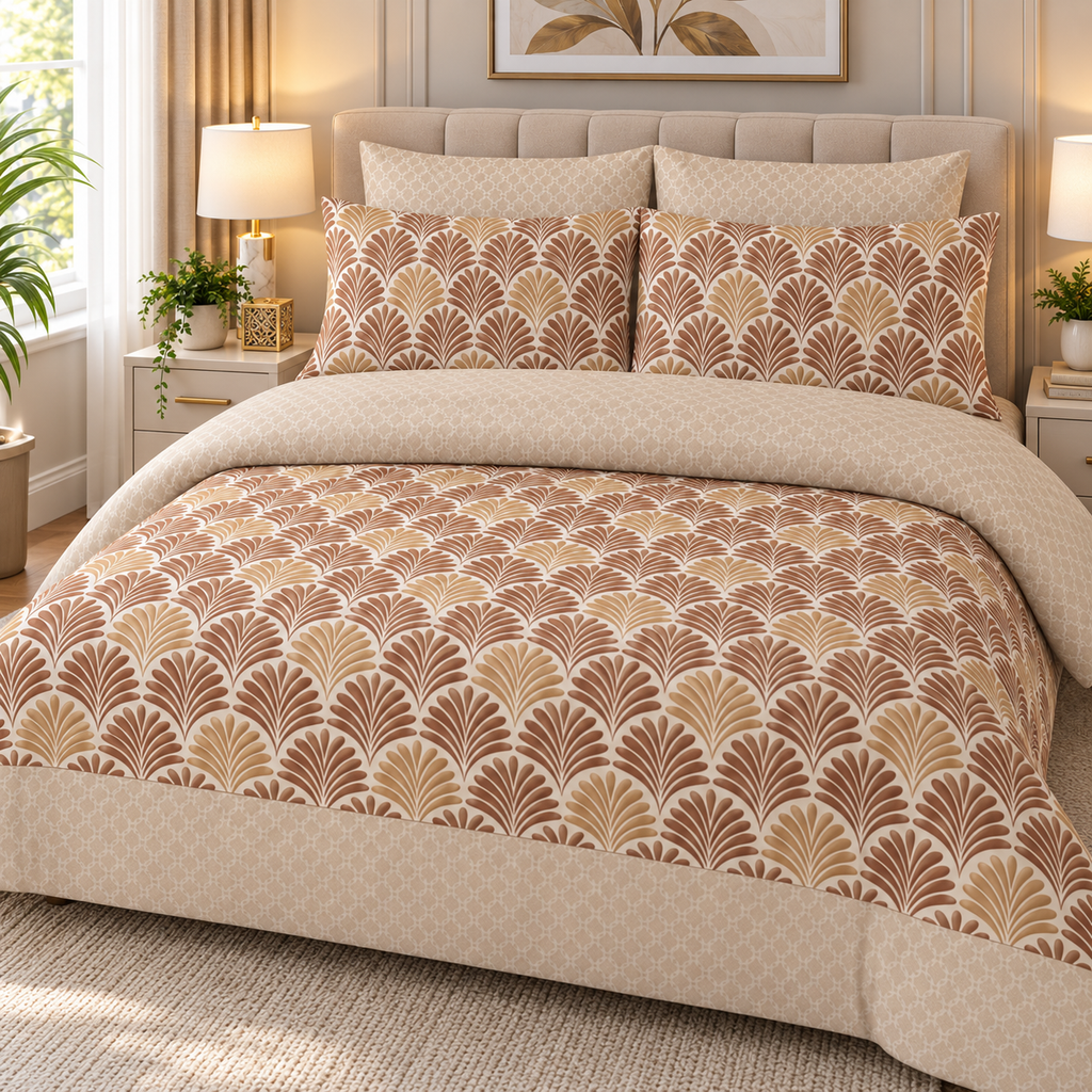 Golden Fern Pattern Bedsheet Set – 3-Piece King Size