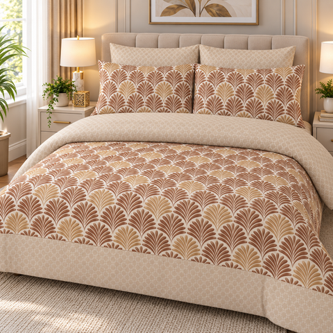 Golden Fern Pattern Bedsheet Set – 3-Piece King Size