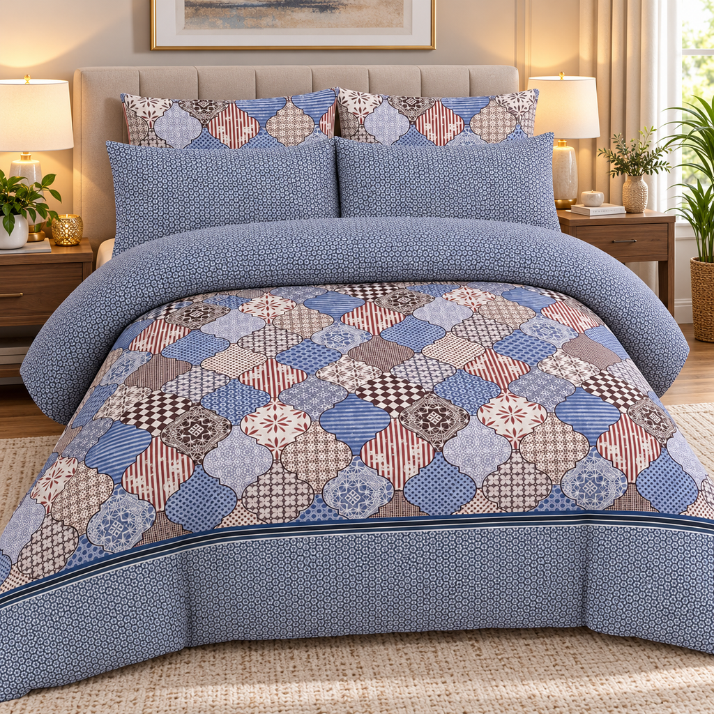 Blue Mosaic Pattern Bedsheet Set – 3-Piece King Size