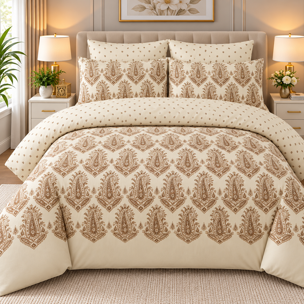 Classic Paisley Beige Bedsheet Set – 3-Piece King Size
