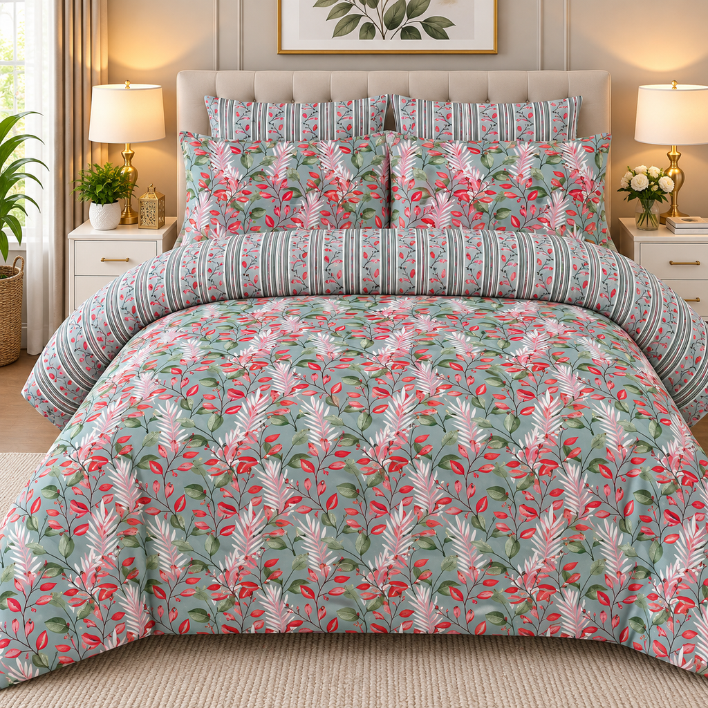 Red Leaf Floral Bedsheet Set – 3-Piece King Size