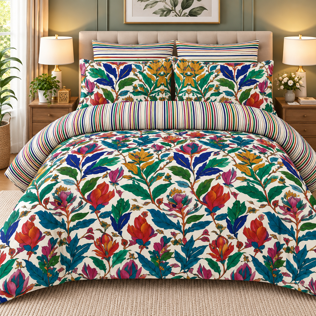 Multicolor Floral & Striped Bedsheet Set – 3-Piece King Size