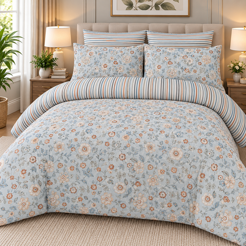 Soft Floral & Striped Bedsheet Set – 3-Piece King Size