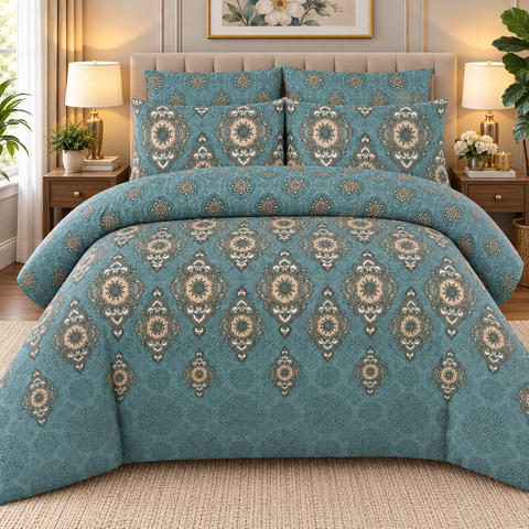 Teal Medallion Printed Bedsheet Set – 3-Piece King Size