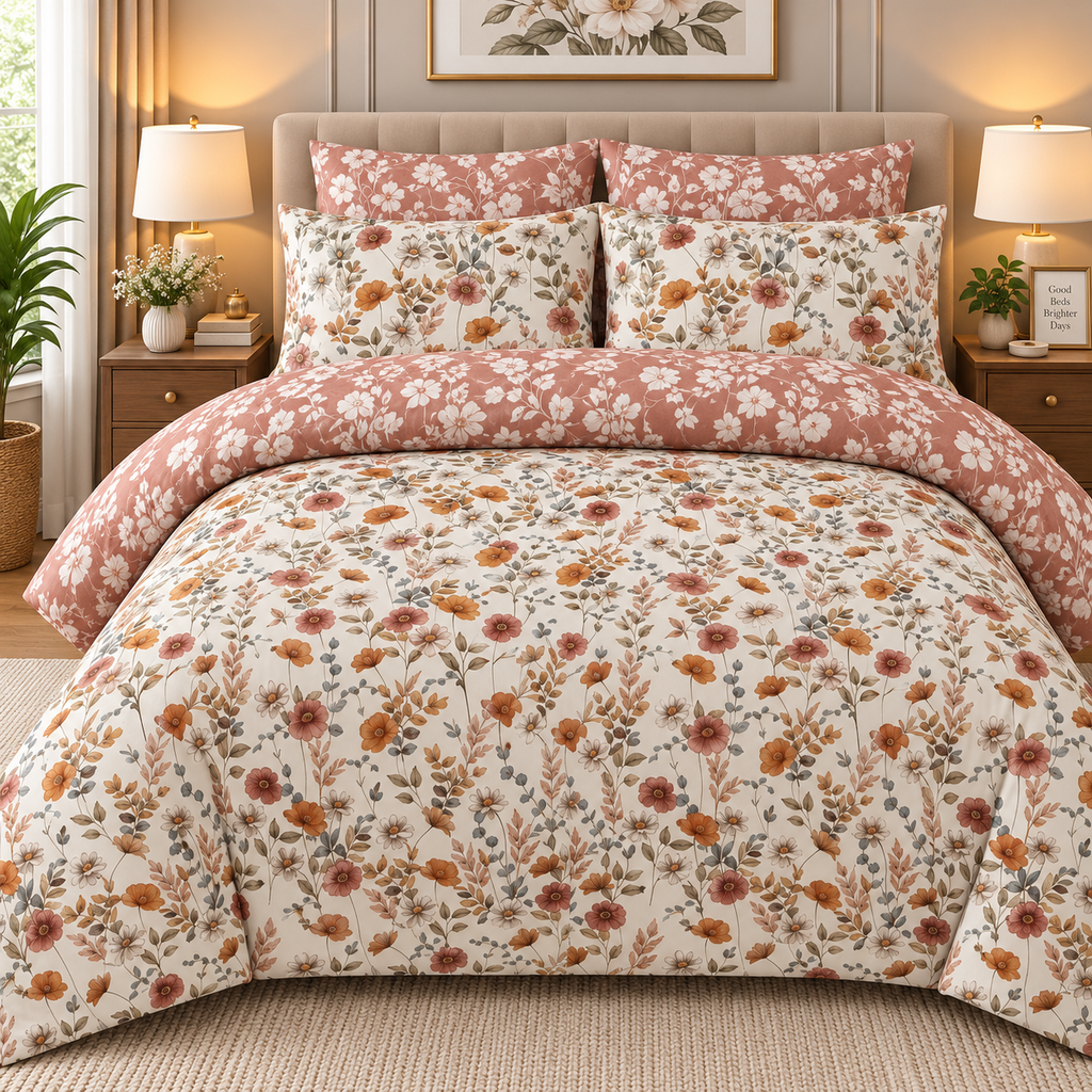 Blush Meadow Floral Bedsheet Set – 3-Piece King Size