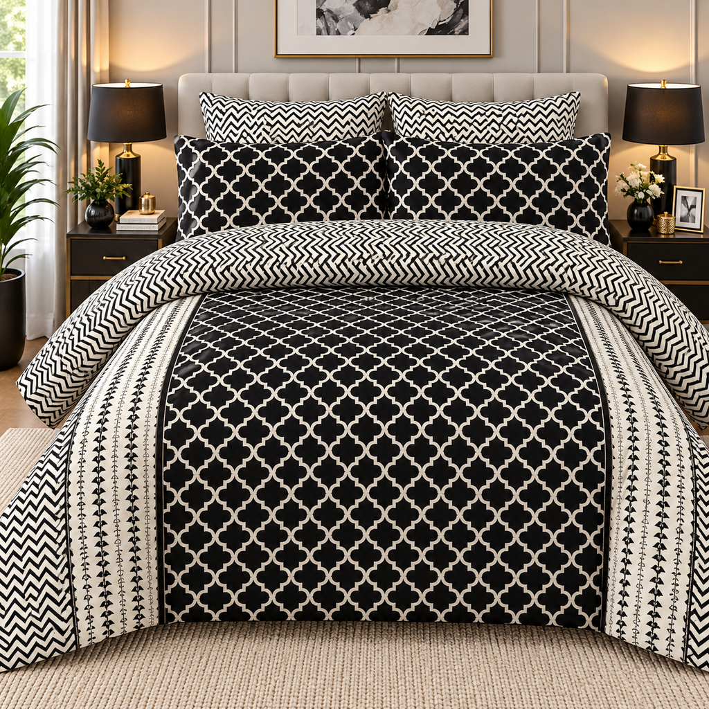 Monochrome Geometric Bedsheet Set – 3-Piece King Size