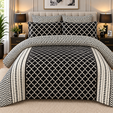 Monochrome Geometric Bedsheet Set – 3-Piece King Size
