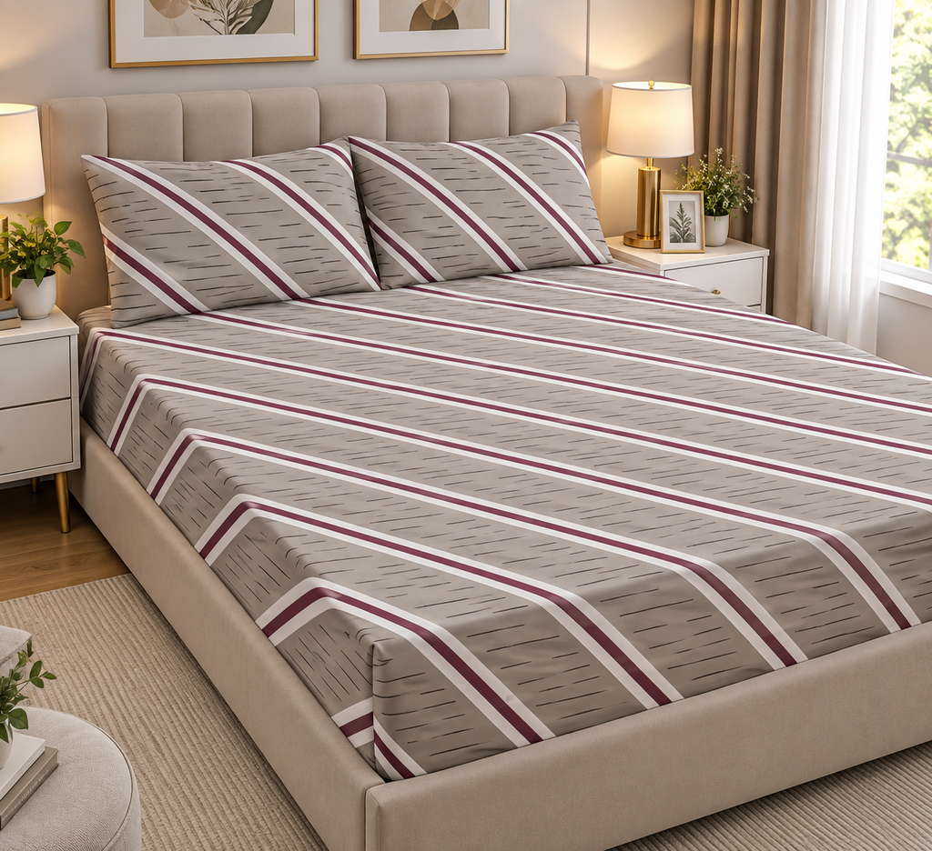 Classic Stripe Beige Fitted Sheet Set – 3 Piece King Size
