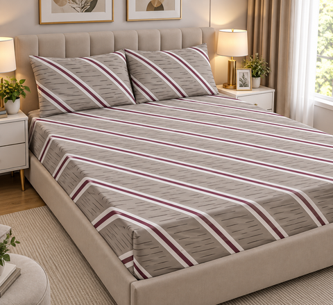 Classic Stripe Beige Fitted Sheet Set – 3 Piece King Size