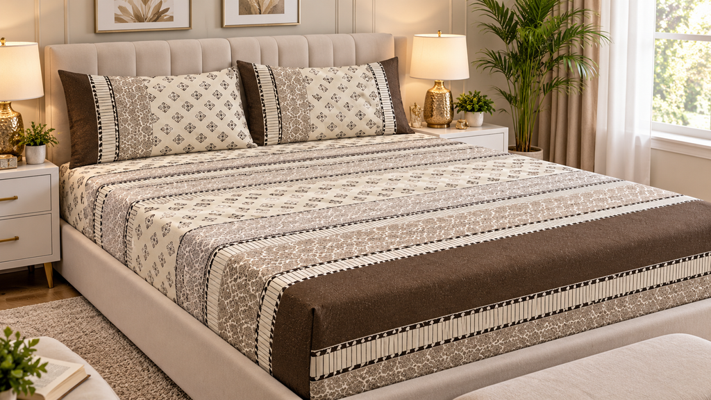 Elegant Brown & Beige Printed Fitted Sheet Set – 3 Piece King Size