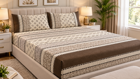 Elegant Brown & Beige Printed Fitted Sheet Set – 3 Piece King Size