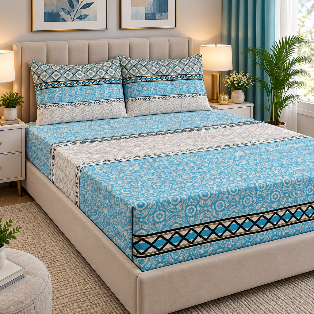 Aqua Blue Geometric Printed Fitted Sheet Set – 3 Piece King Size