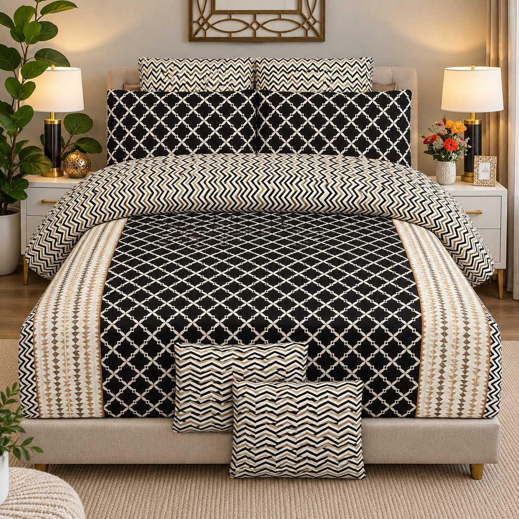 Black & Cream Geometric Printed Bedsheet Set – 3 Piece King Size