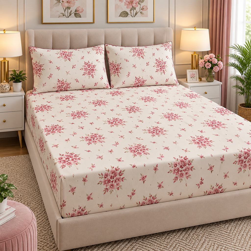 Blush Floral Bloom Printed Bedsheet Set – 3 Piece King Size